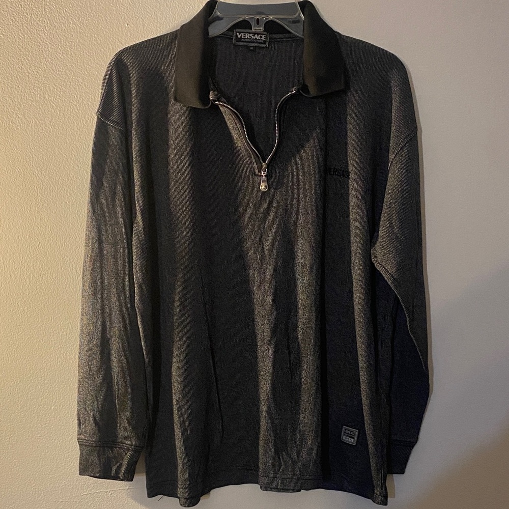 Versace Men's Dark Charcoal Zip-Up Polo Sweater